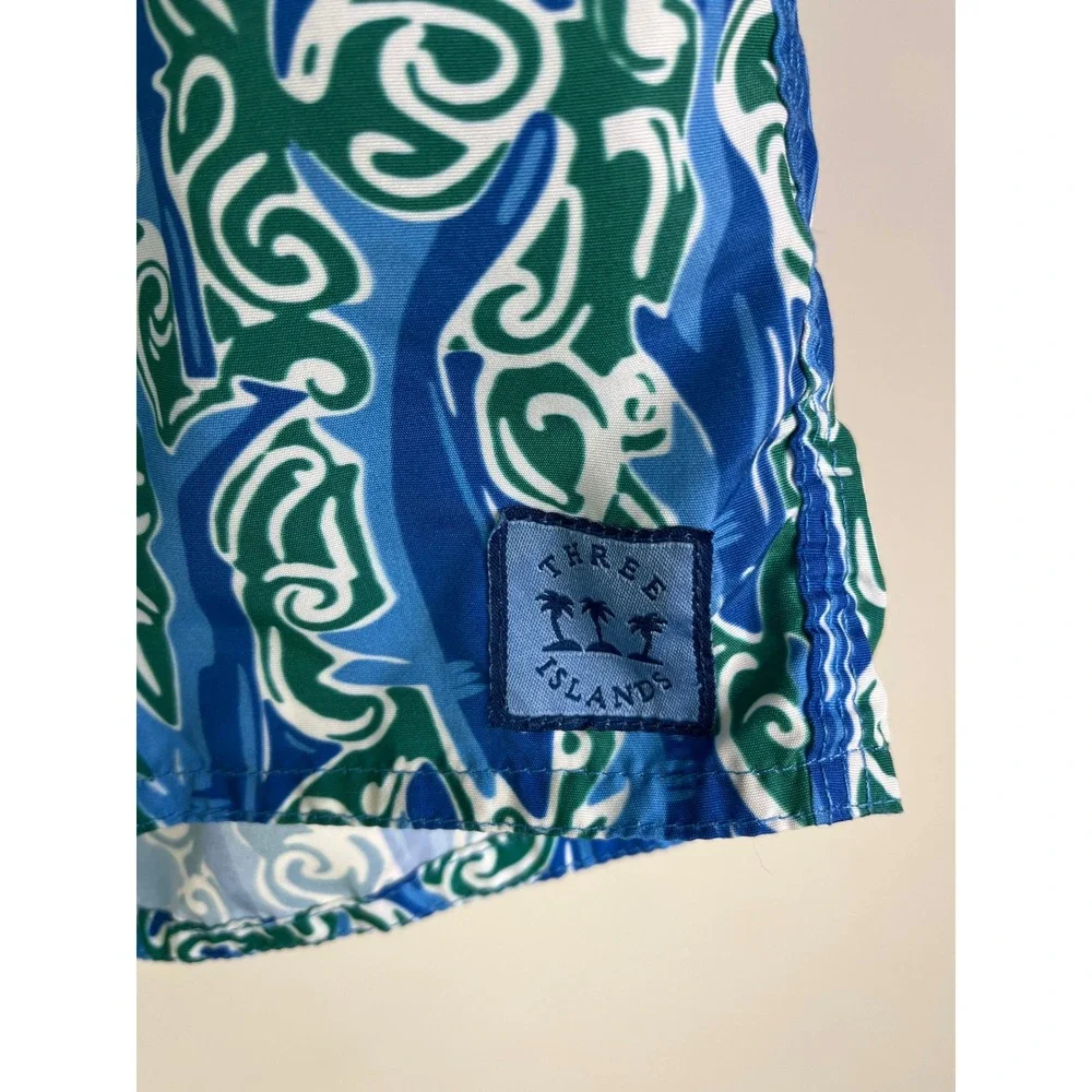 Three Islands 32 Shark Print Board Shorts Blue Green Swim Trunks Preppy Coastal